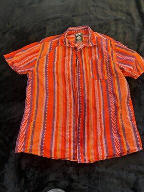 Super Massive Woven Stripe Shirt Large Orange Textured Button Up